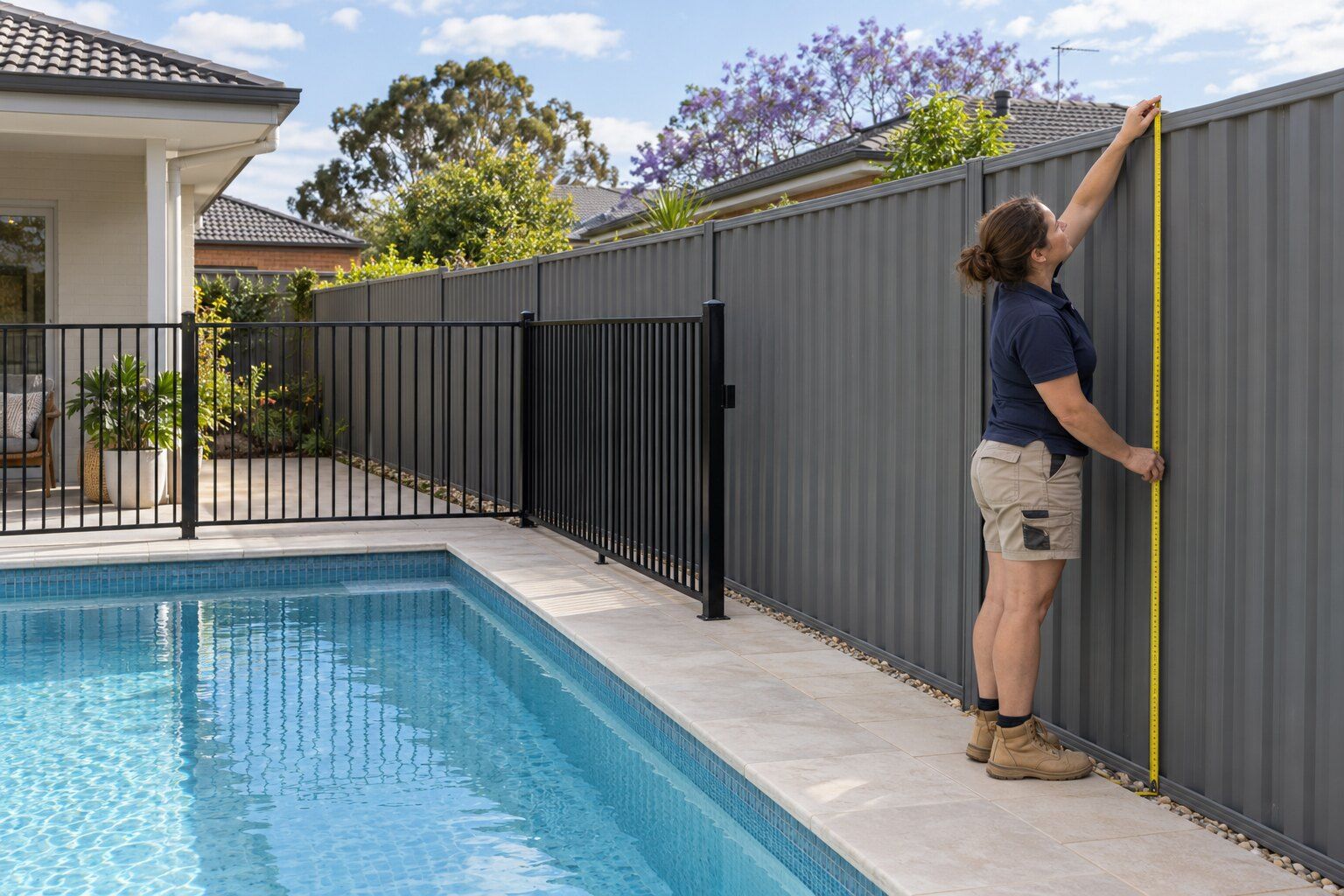 Pool boundary fence NSW, Sydney: tradesperson measuring the height of a grey steel boundary fence from the pool side