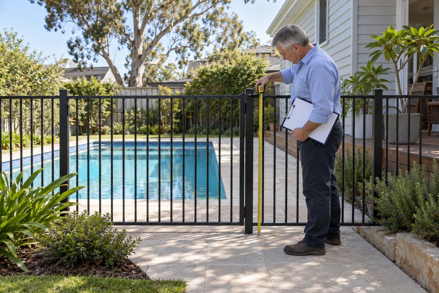 Failed pool inspection NSW, Sydney: inspector measuring the latch height of a black aluminium pool gate with a tape measure