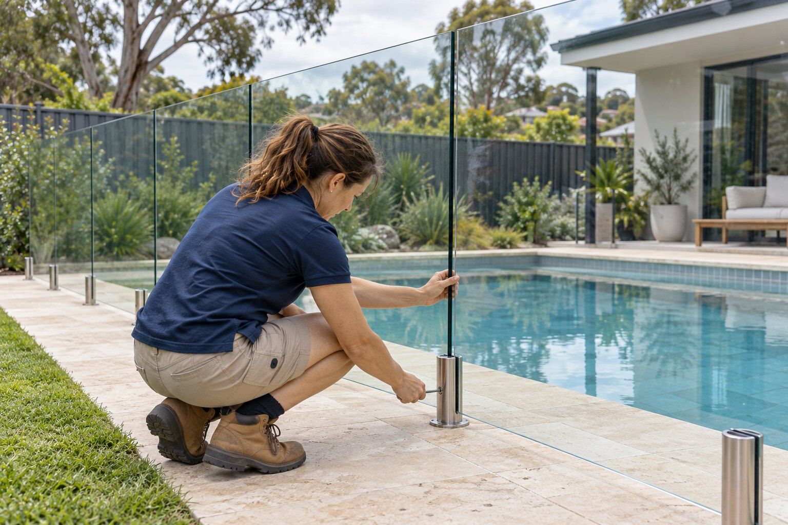 Pool fence repairs, Sydney: tradesperson tightening a spigot clamp on a frameless glass pool fence