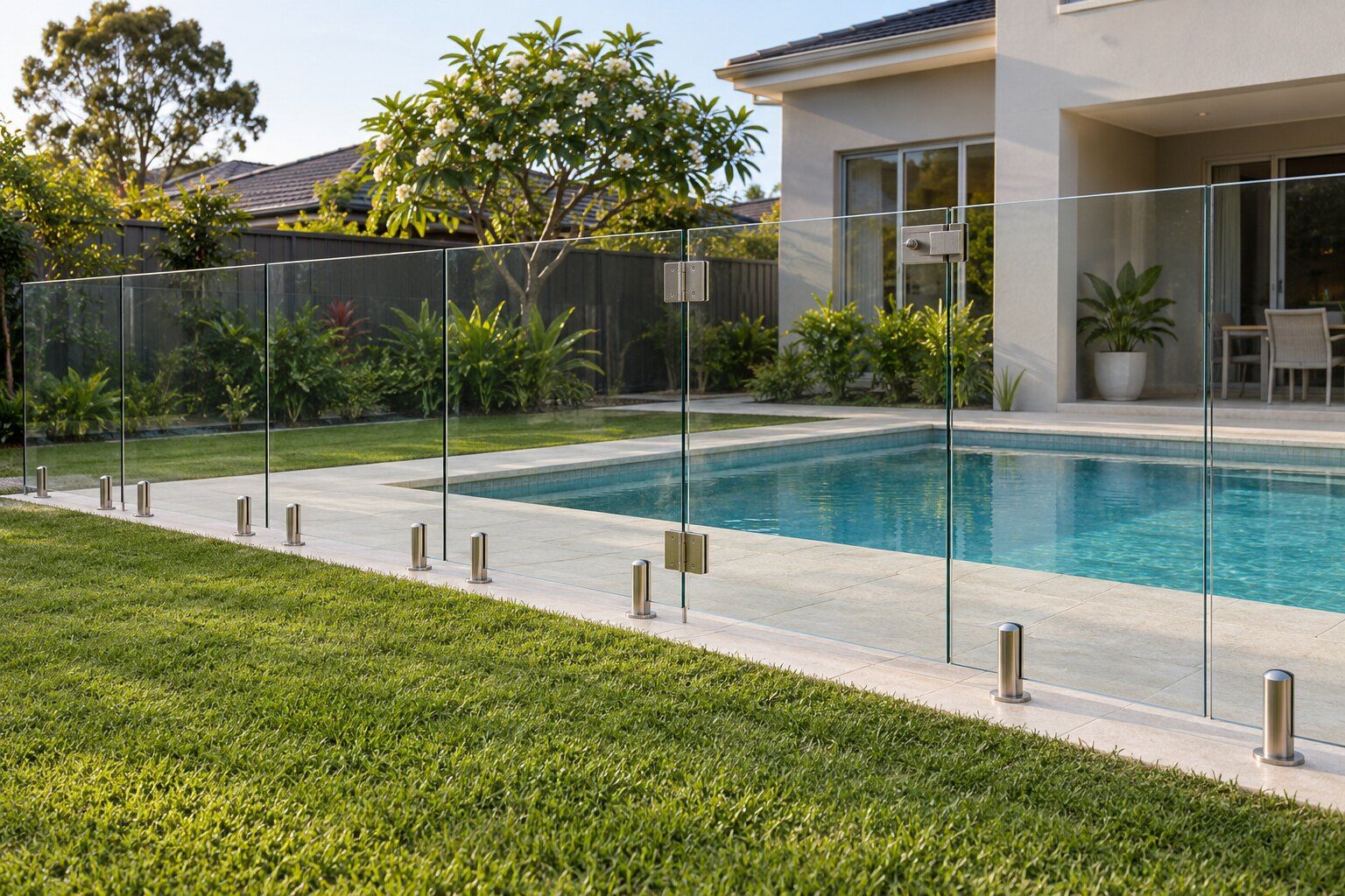 Glass pool fence rules NSW, Sydney: frameless glass pool fence on stainless spigots with a glass gate and soft-close hinges