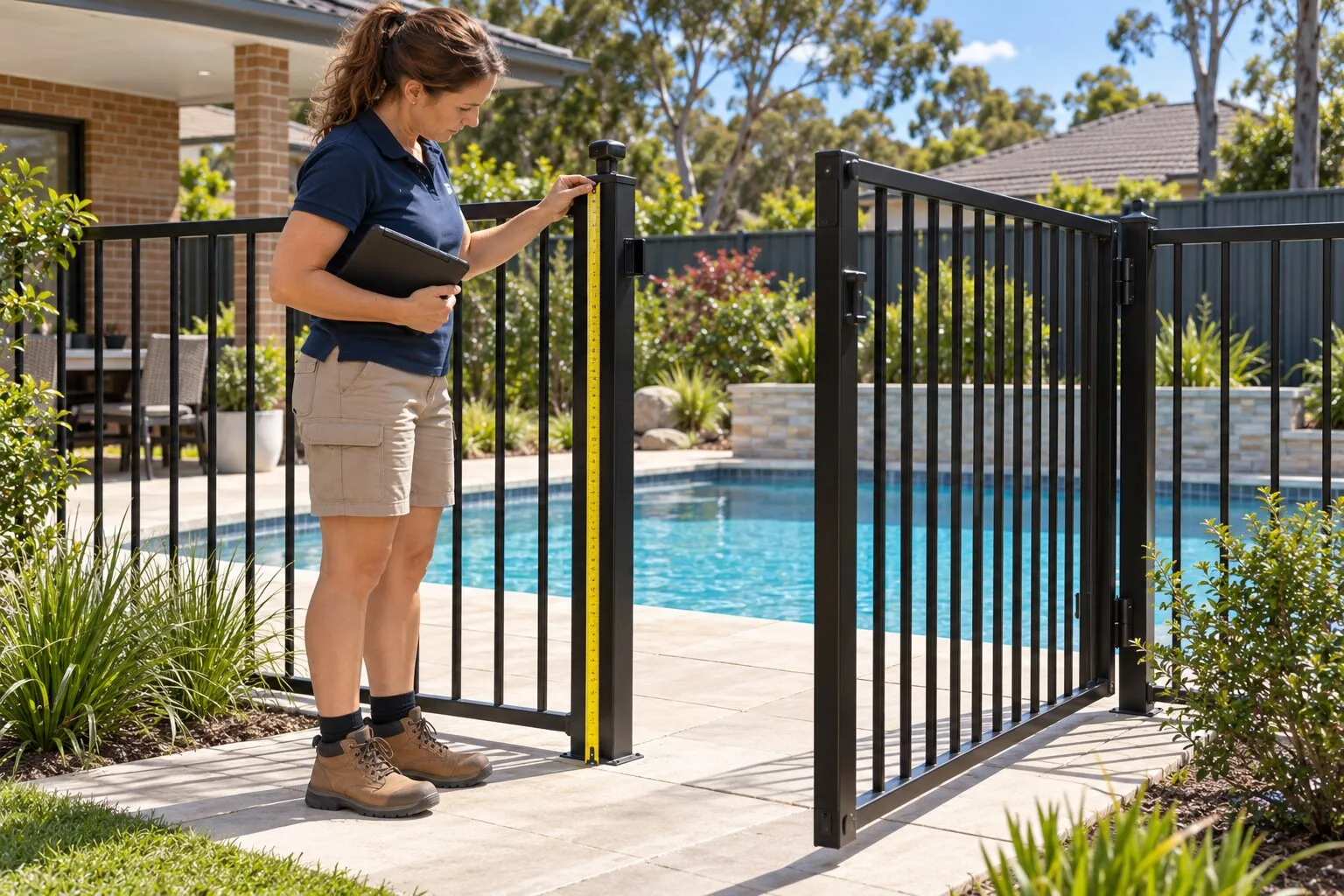 Pool certificate for a sale, Sydney: certifier measuring the latch post of an aluminium pool gate