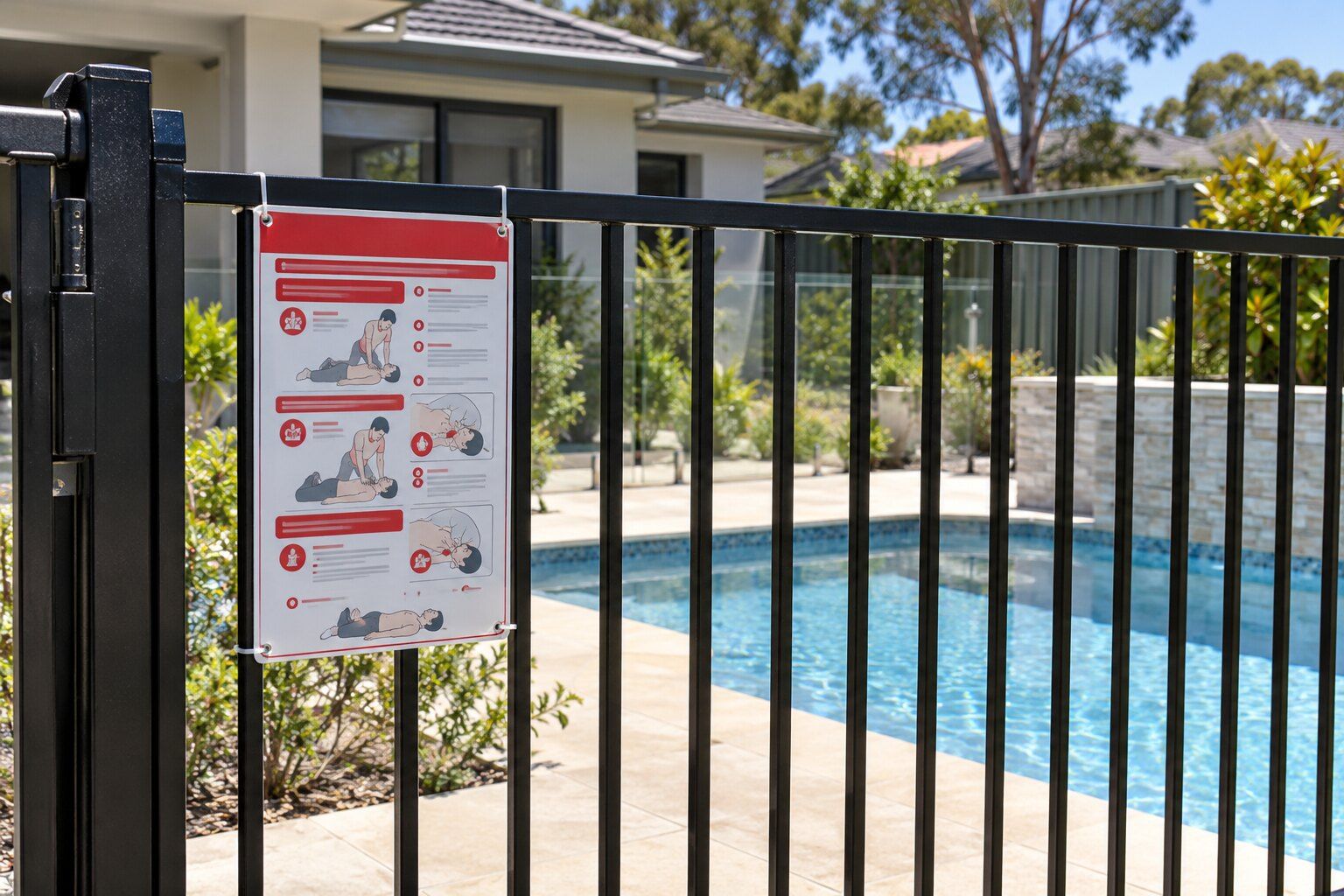 Pool CPR sign NSW, Sydney: red and white resuscitation chart cable-tied to a black aluminium pool fence beside the gate