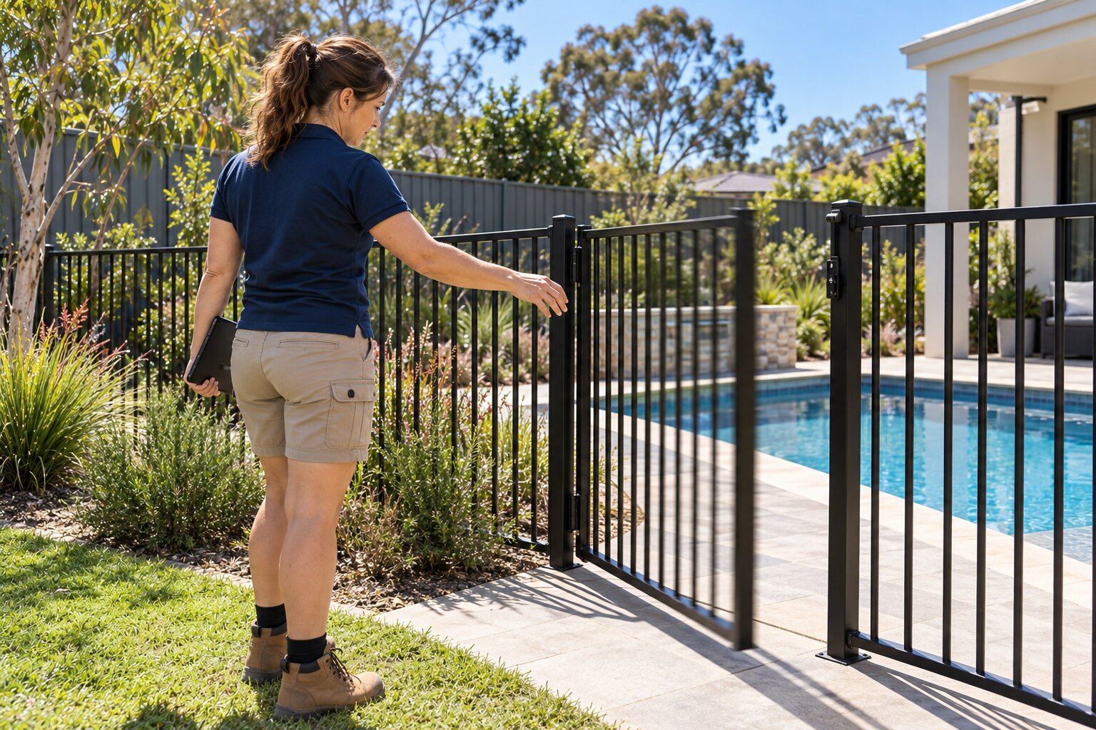 Pool barrier inspection, Sydney: certifier checking that an aluminium pool gate self-closes and latches