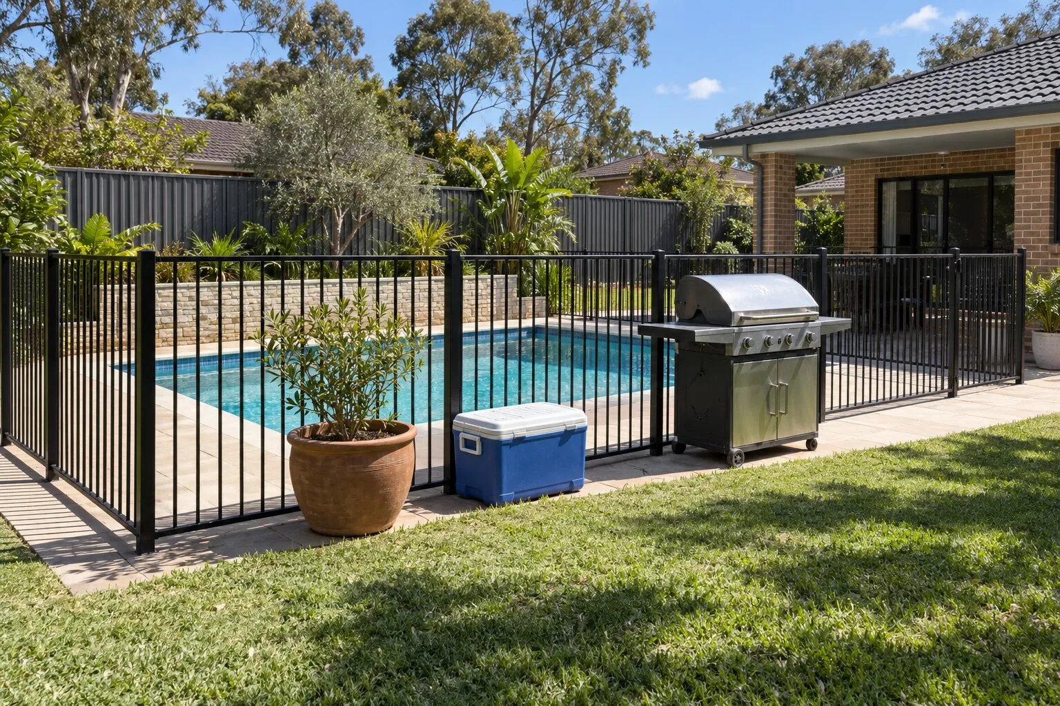 Pool barrier inspection, Sydney: aluminium pool fence with a BBQ and pot plant near the barrier