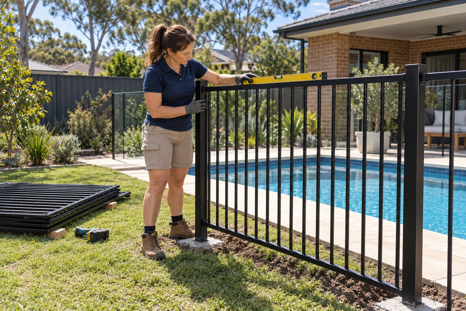 Pool inspections, Hills District: tradesperson checking a new aluminium pool fence top rail with a spirit level