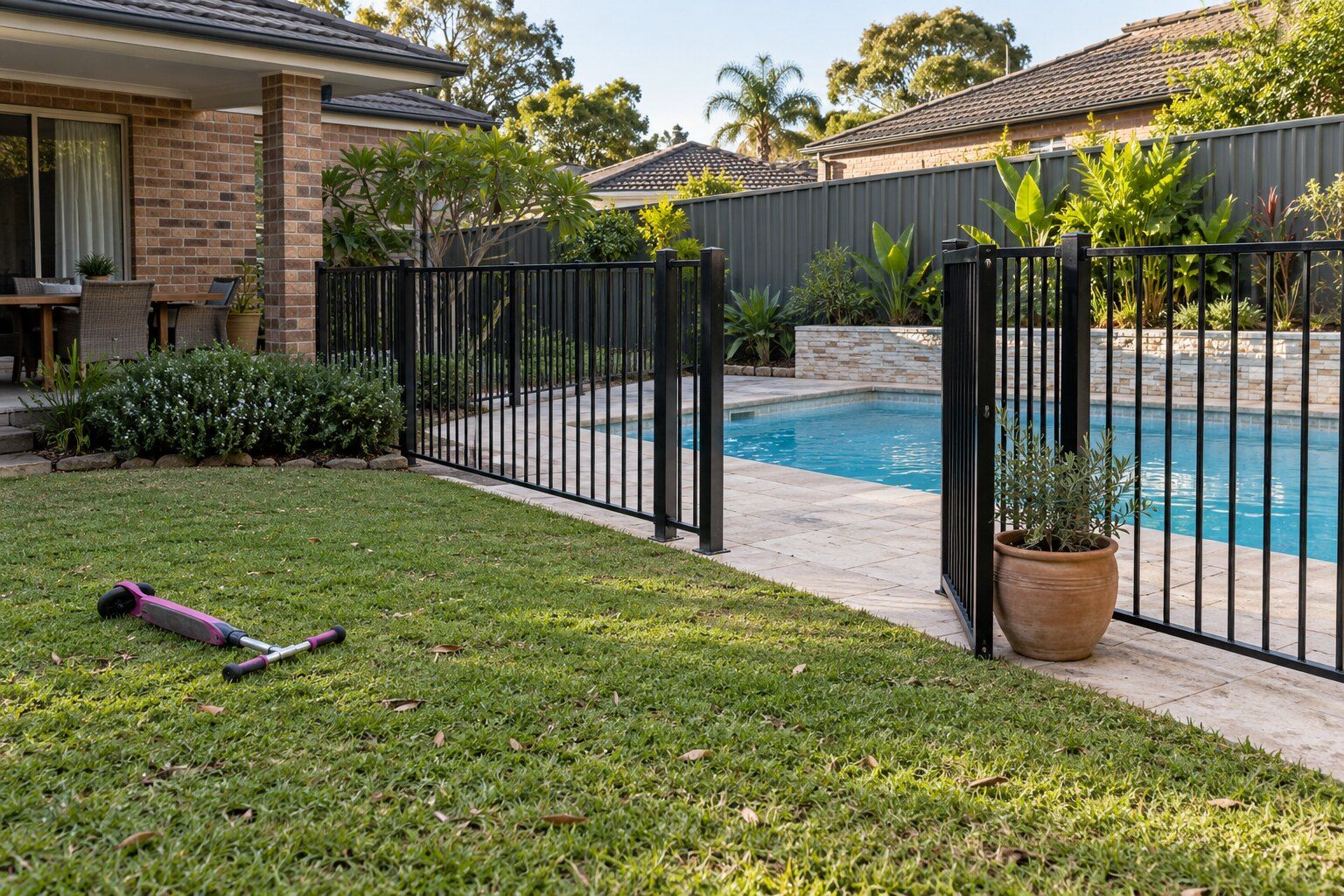 Pool fence fines NSW, Sydney: aluminium pool gate held wide open by a terracotta pot plant beside an in-ground pool