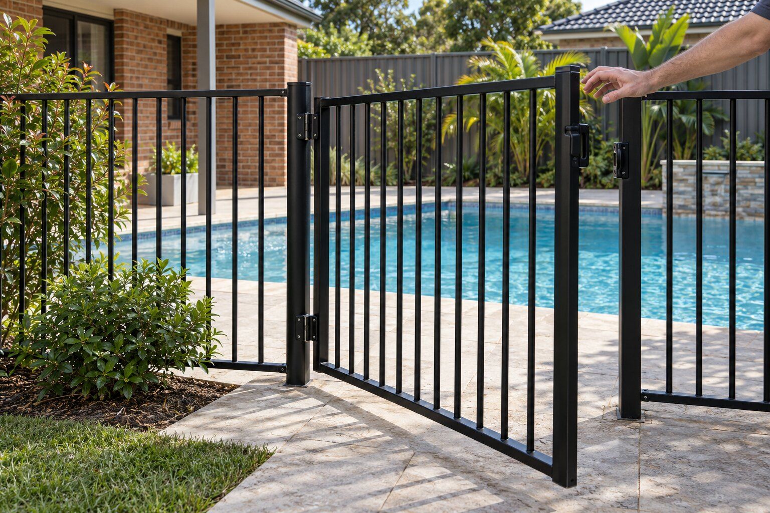 Pool gate not closing, NSW: hand letting go of a black aluminium pool gate to test that it swings shut and latches