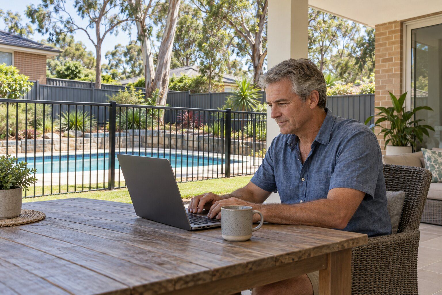 Pool certifier, Sydney: certifier recording an inspection on a tablet inside a fenced pool area