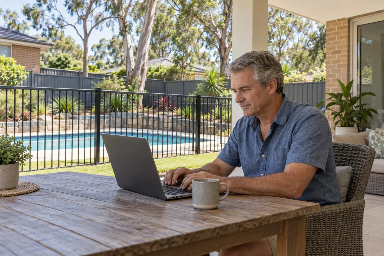 Pool compliance planning, Sydney: homeowner on a laptop at an outdoor table beside a fenced pool