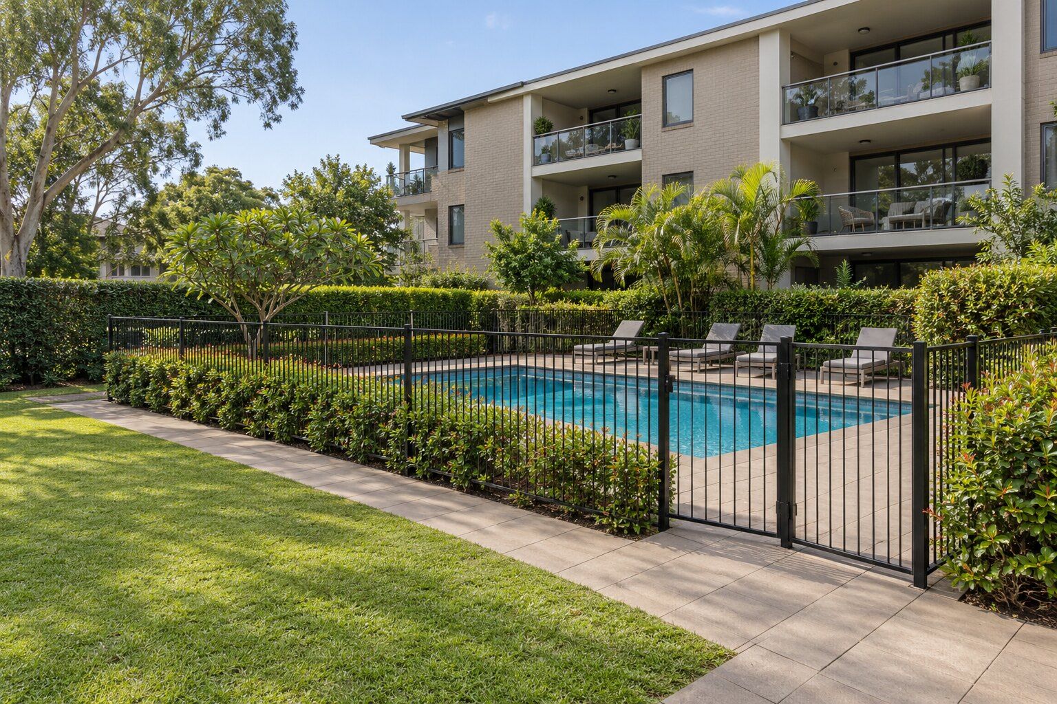 Strata pool compliance NSW, Sydney: shared pool of an apartment block enclosed by a black aluminium pool fence and gate