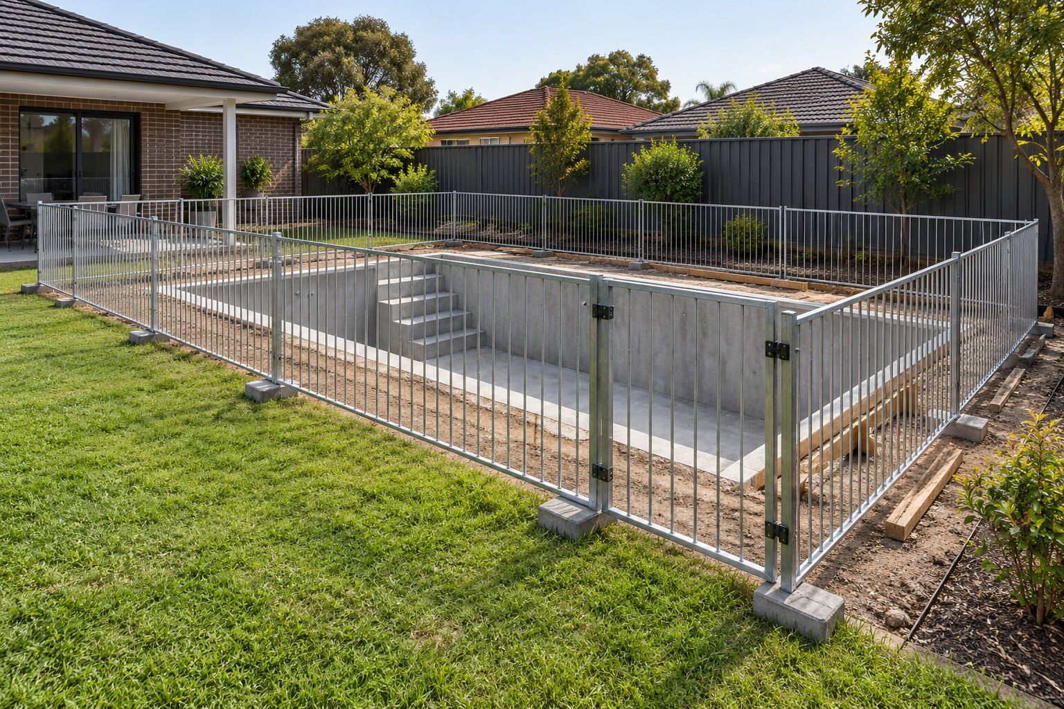 Temporary pool fencing NSW, Sydney: temporary vertical-bar fence panels and a gate around an empty concrete pool shell under construction